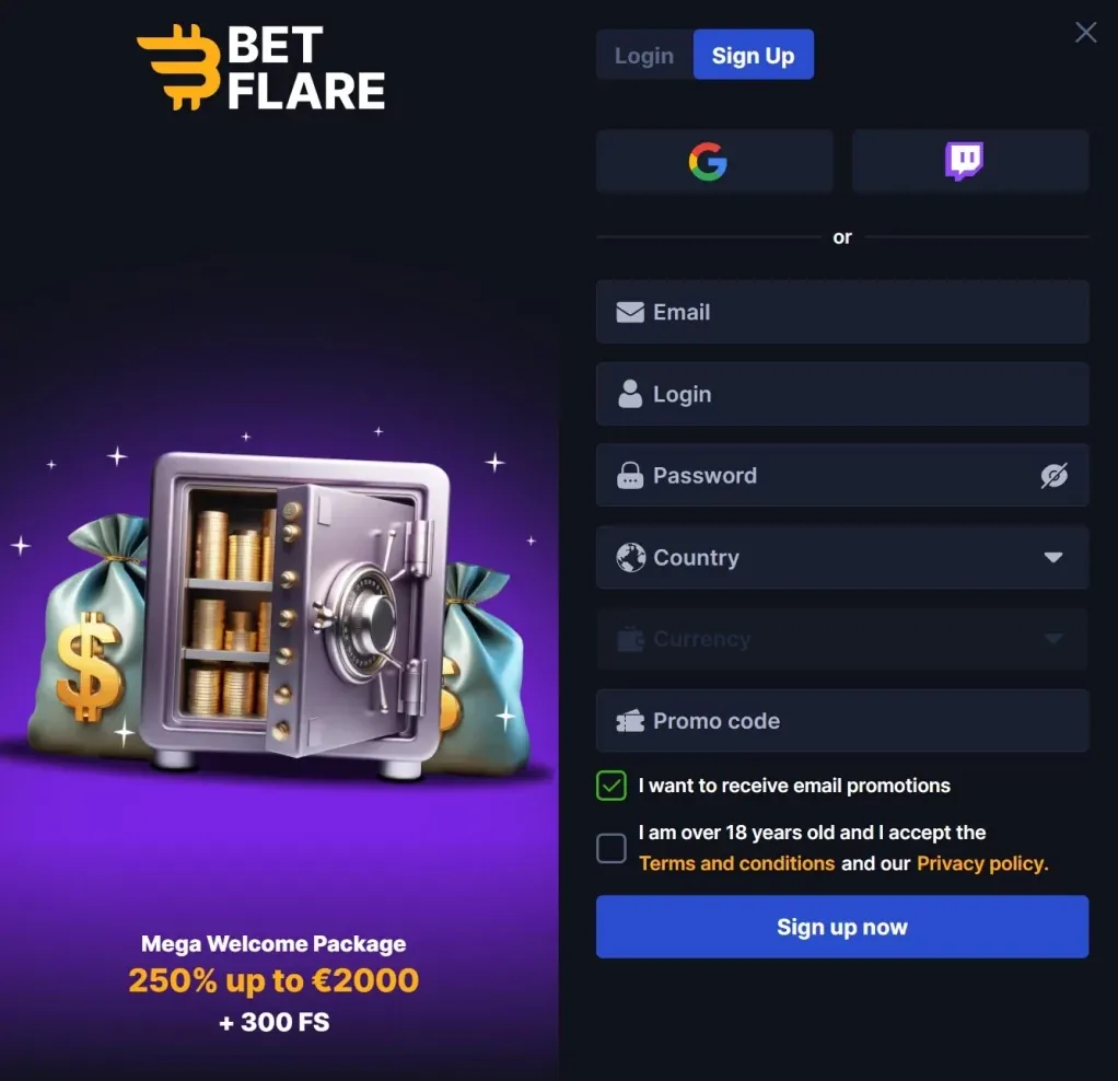 Betflare Casino registro